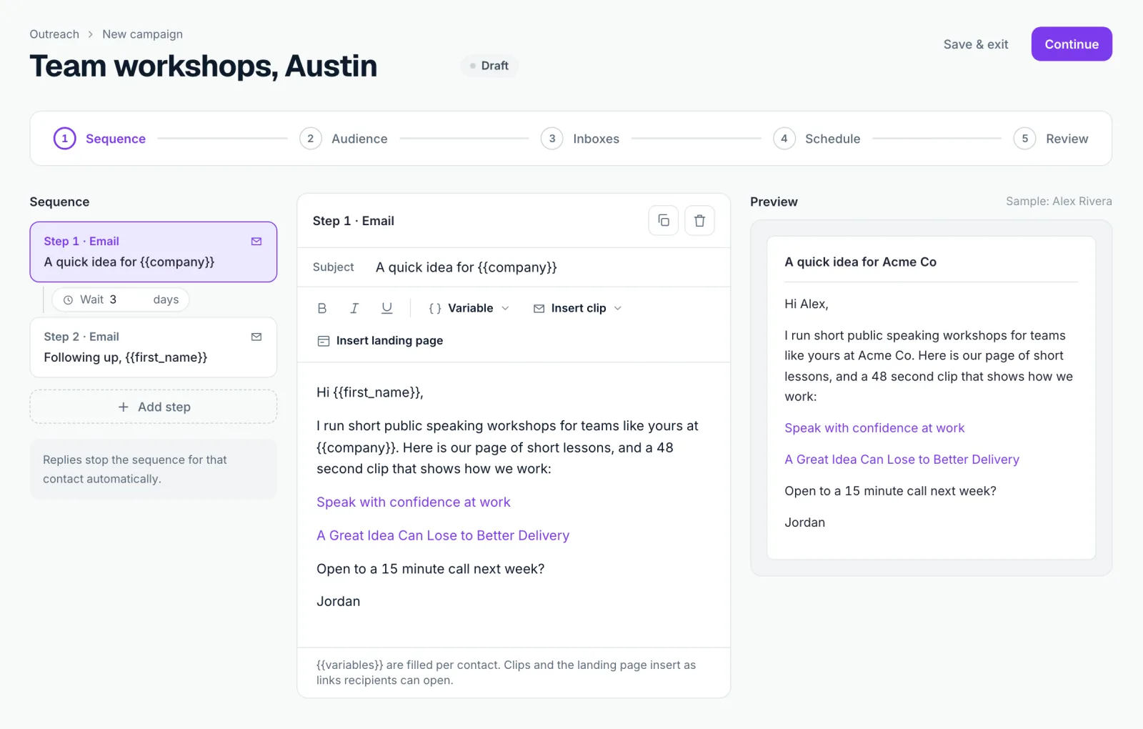 The SecondCut campaign builder with an email step and a preview