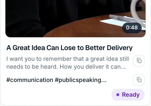 A SecondCut clip with its title, ready-to-post caption and hashtags, each with a copy button
