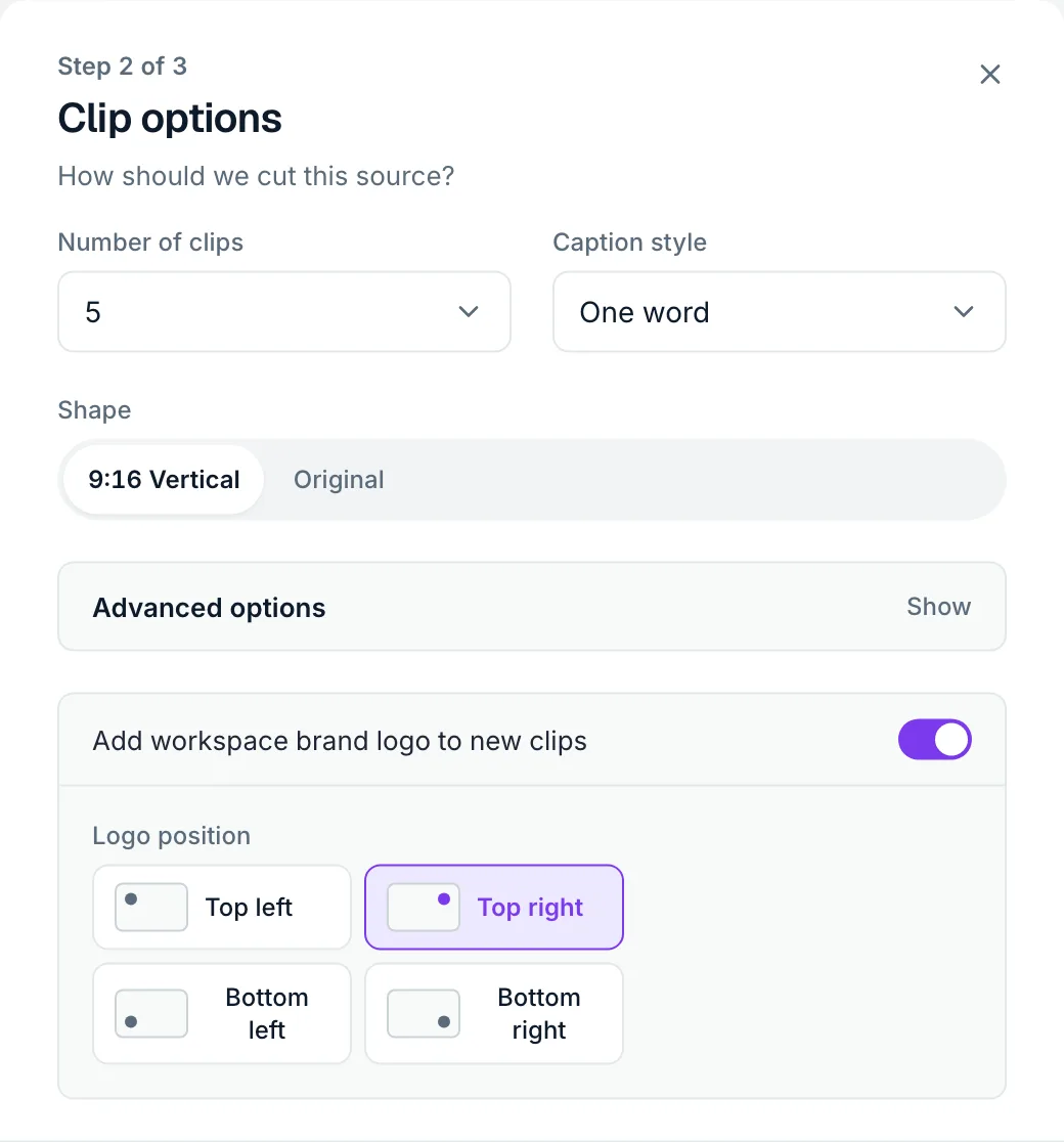 SecondCut clip options: number of clips, caption style, vertical or original shape, and the logo corner