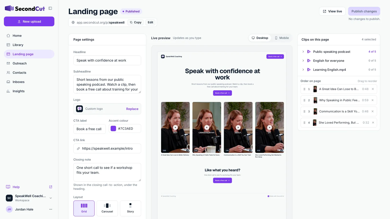 The SecondCut landing page builder with a live preview of the published page